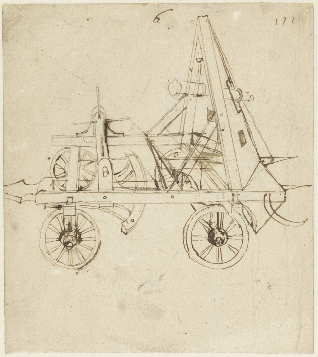 Strijdwagen op vier wielen by Unknown, drawing, 1450-1520