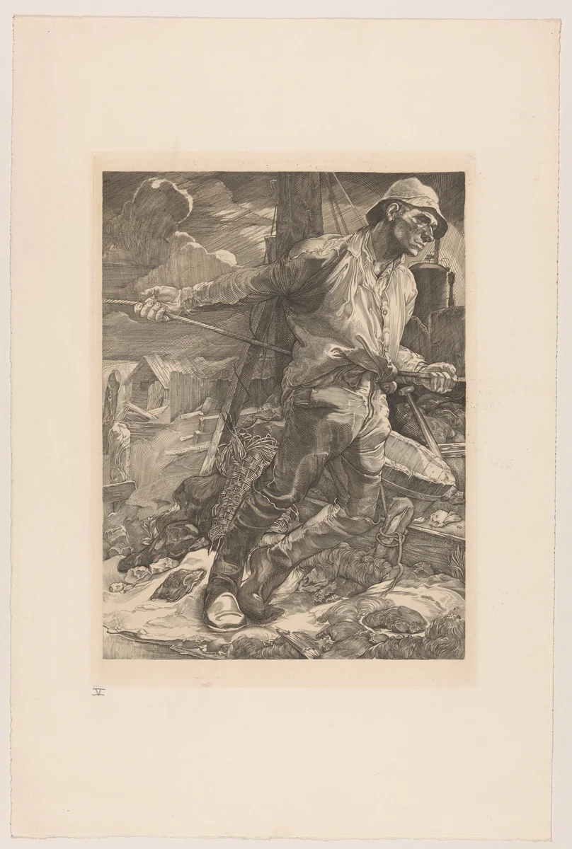 Arbeider die een touw laat vieren by Johannes Josephus Aarts, print, 1881-1934