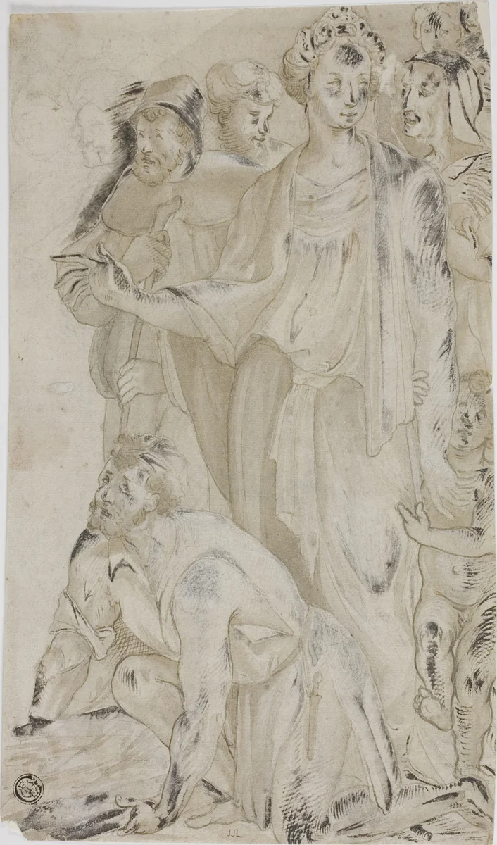 Woman and Nude Young Boy Surrounded by Figures by Unknown Artist, drawing, 1600-1799