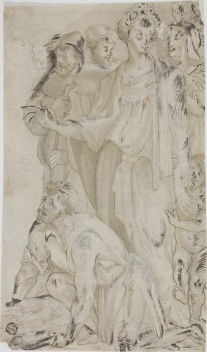 Woman and Nude Young Boy Surrounded by Figures by Unknown Artist, drawing, 1600-1799