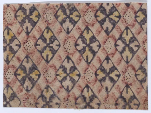 Sheet with alternating red, navy, and yellow ornate diamond outlines, with small black dots by anonymous, print, 1800-1900