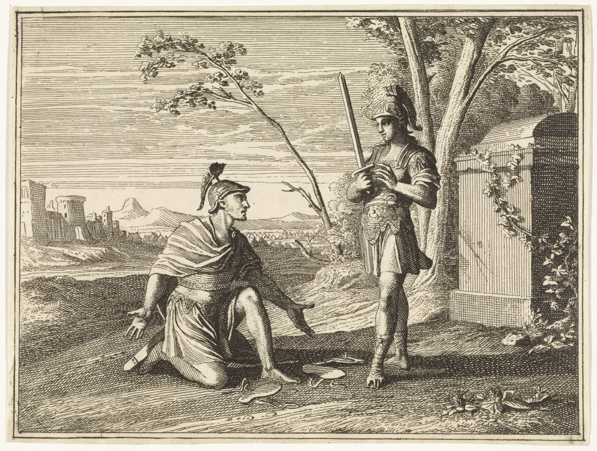 Jozua knielt voor een engel met een zwaard by Caspar Luyken, print, 1712