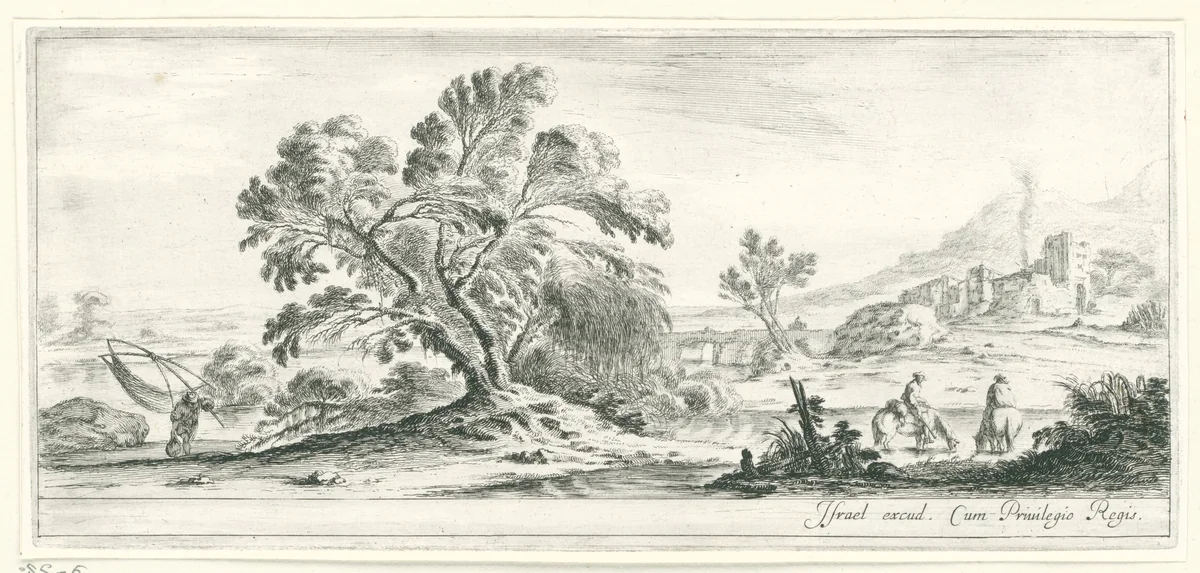 Landschap met visser, boom en ruiters by Stefano della Bella, print, 1620-1664