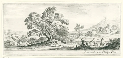 Landschap met visser, boom en ruiters by Stefano della Bella, print, 1620-1664