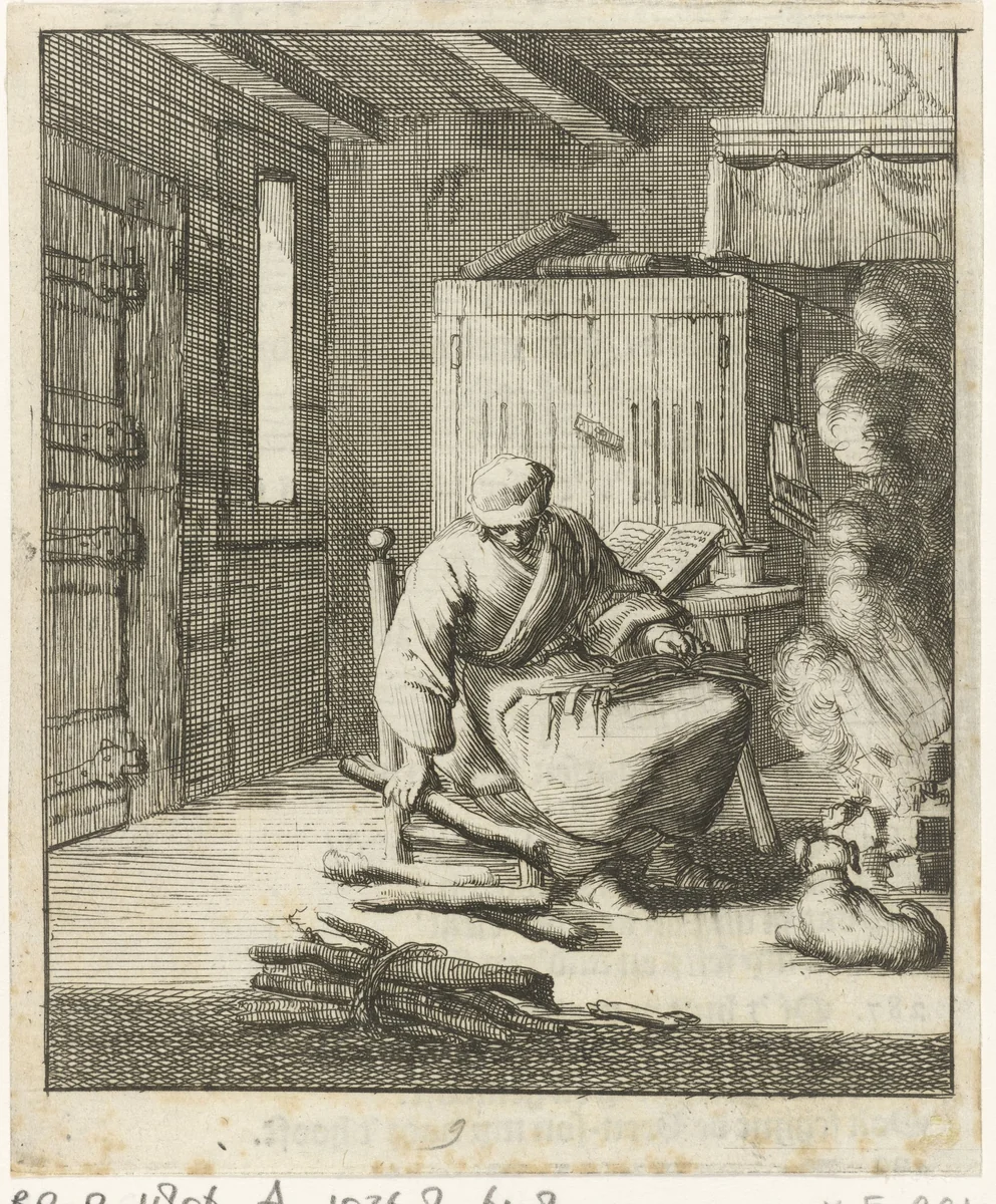 Schrijver Willem Sluiter zit op een lage stoel bij het vuur en raapt een paar stukken brandhout op by Jan Luyken, print, 1687
