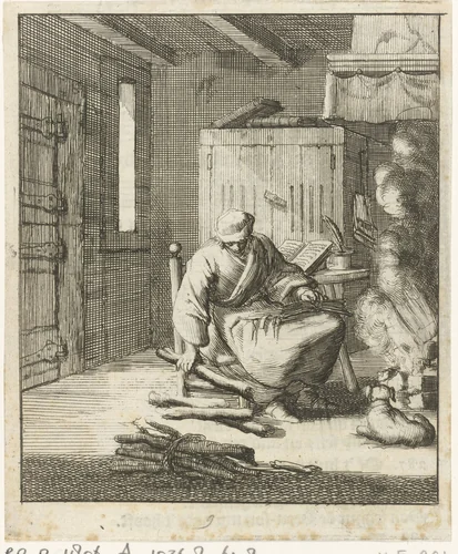 Schrijver Willem Sluiter zit op een lage stoel bij het vuur en raapt een paar stukken brandhout op by Jan Luyken, print, 1687