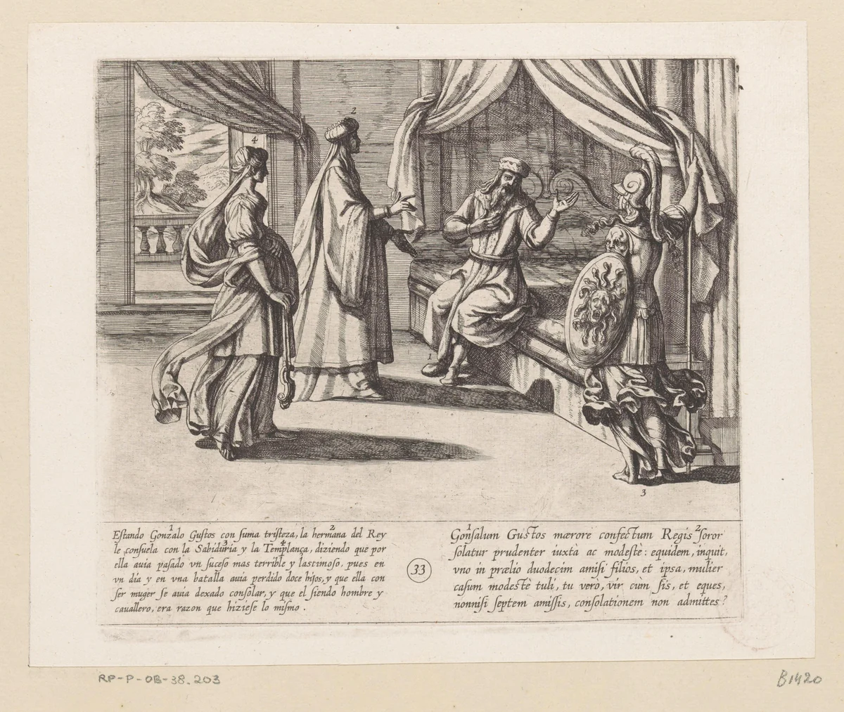 De zuster van Almanzor troost Gonzalo Gustos by Antonio Tempesta, print, 1612