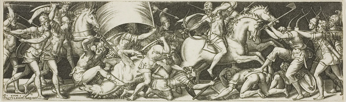 Battle of Cavaliers and Infantrymen by Etienne Delaune, print, 1528-1583
