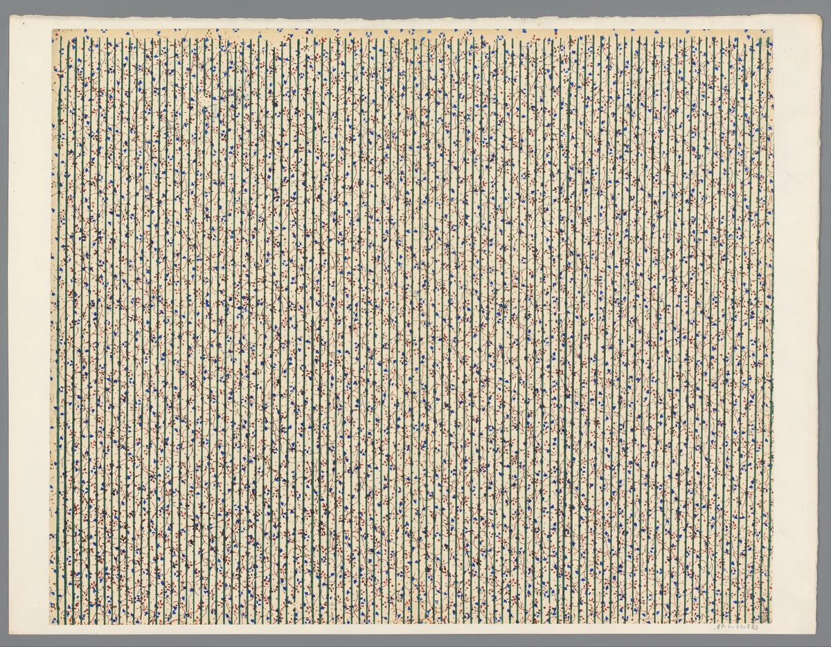 Blad met lijnenpatroon over strooipatroon van ranken by anonymous, print, 1800-1900