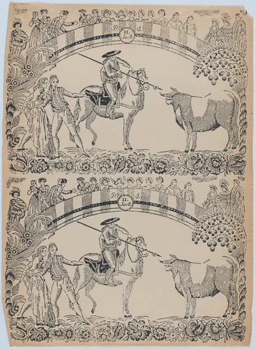 Suerte II: Picador on horseback about to stab a bull with a pique; two toreros behind him to left (two impressions on the same sheet) by anonymous, print, 1845-1855