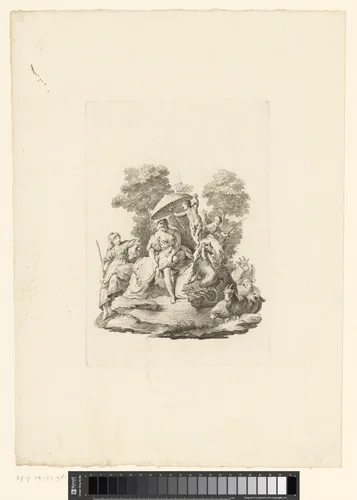 Badende vrouw, herderin, twee cupido's en een kudde geiten en schapen by Martin Schedel, print, 1687-1748