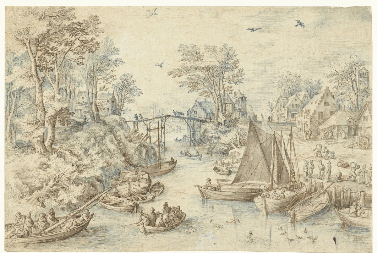 Dorp, doorsneden door een druk bevaren rivier by anonymous, drawing, 1595-1675