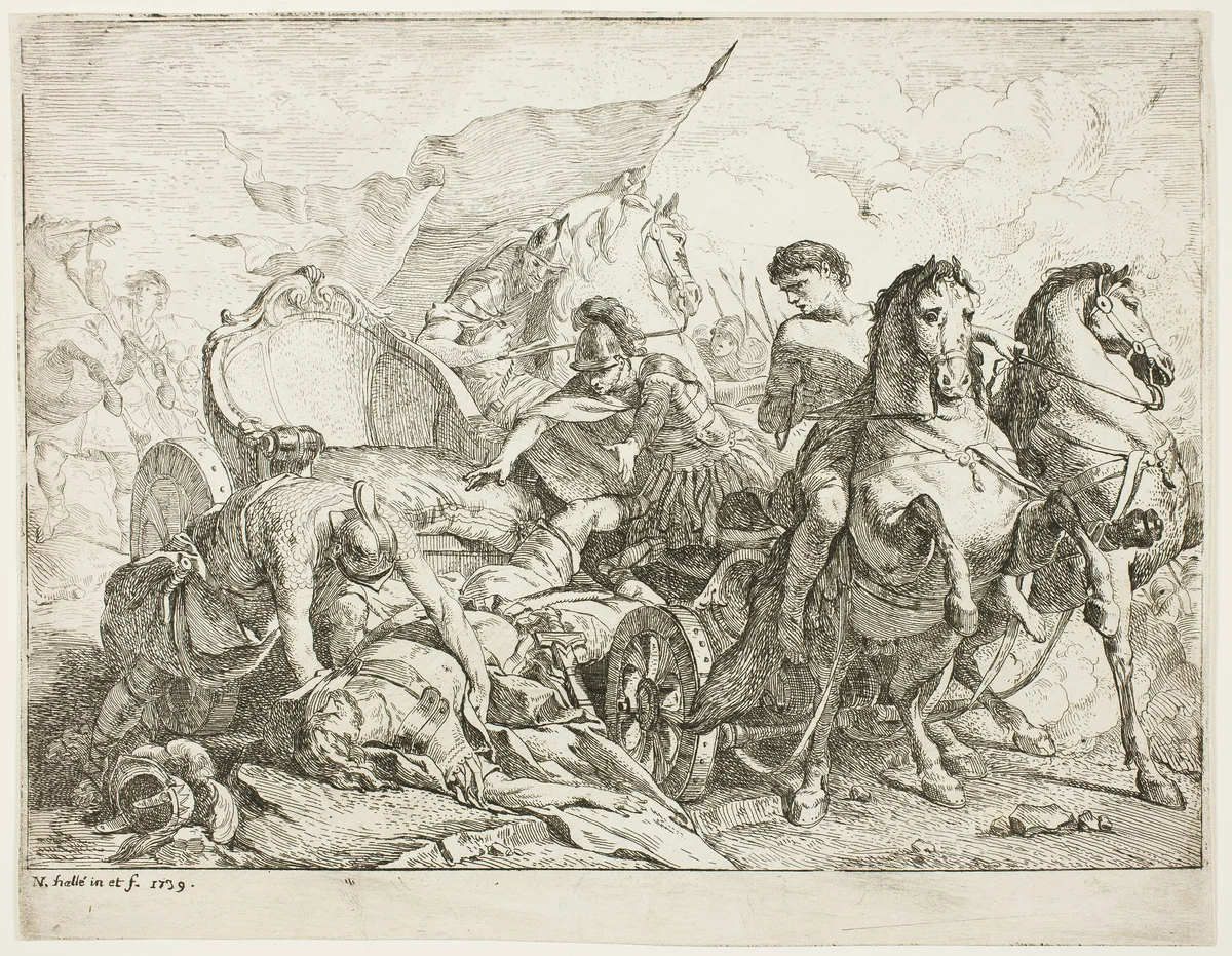 Antiochus Falling from His Chariot by Noël Hallé, print, 1739