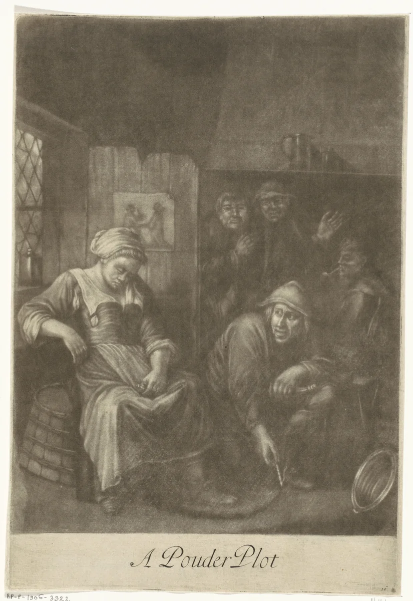 Slapende vrouw en een man met een lijn kruit by Nicolaes van Haeften, print, 1673-1715