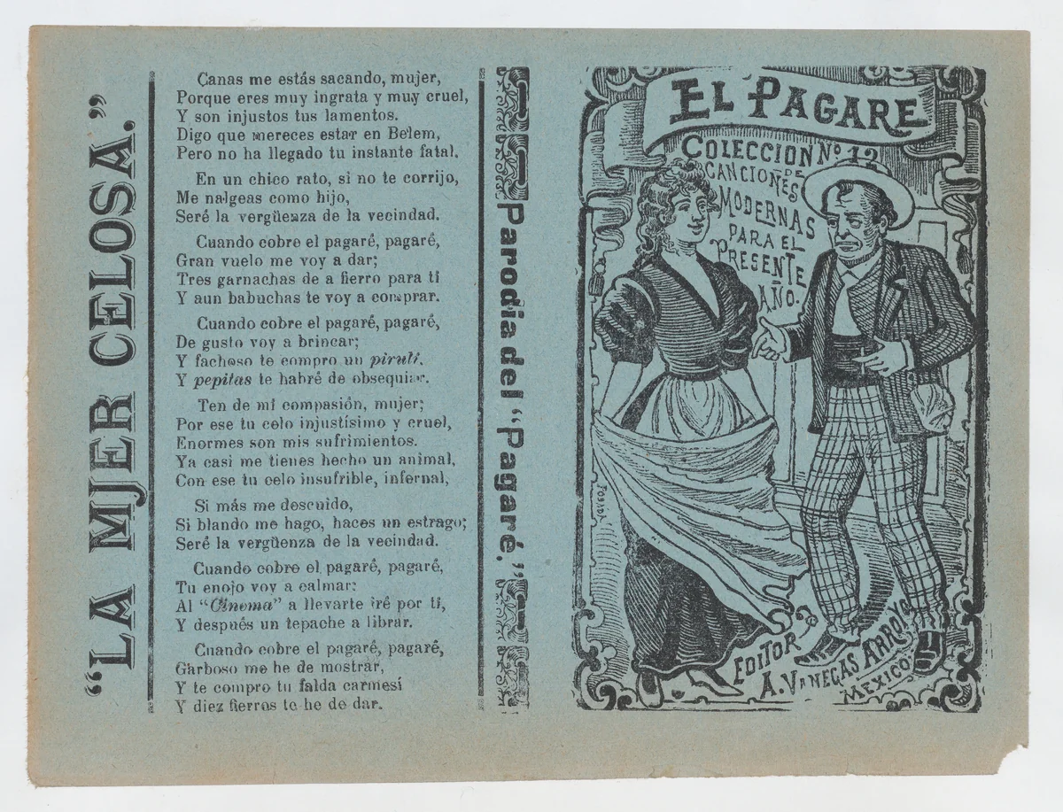 Cover for 'El Pagare', a man holding a cigarette and gesturing to a woman holding a shawl by José Guadalupe Posada, print, 1885-1915