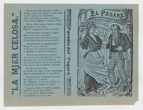 Cover for 'El Pagare', a man holding a cigarette and gesturing to a woman holding a shawl by José Guadalupe Posada, print, 1885-1915