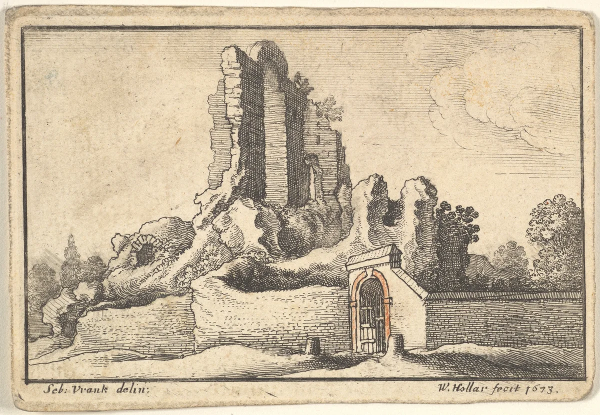 Ruins and a barred gate on the Esquiline Hill in Rome, from "Roman Ruins" by Wenceslaus Hollar, print, 1673