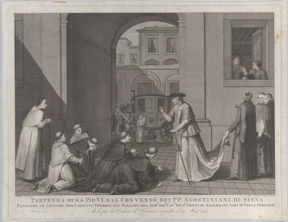 Pope Pius VI taking leave of the Augustinian monks in Siena by Girolamo Carattoni, print, 1801