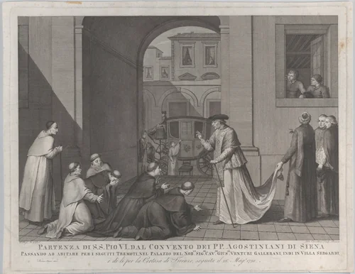 Pope Pius VI taking leave of the Augustinian monks in Siena by Girolamo Carattoni, print, 1801