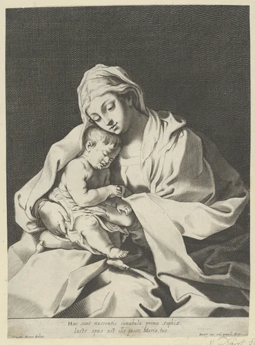 The Virgin holding the infant Christ on her lap, after Reni by anonymous, print, 1630-1678