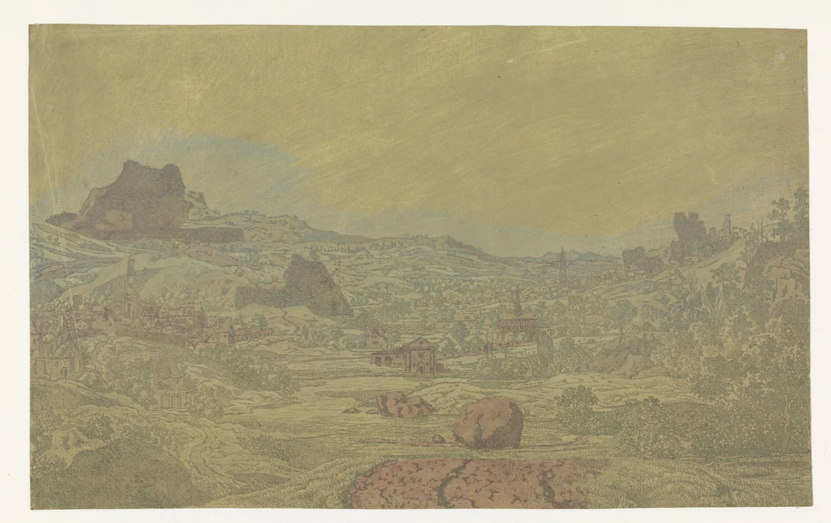 Vallei met een rivier en een stad met vier torens by Hercules Segers, print, 1626-1627