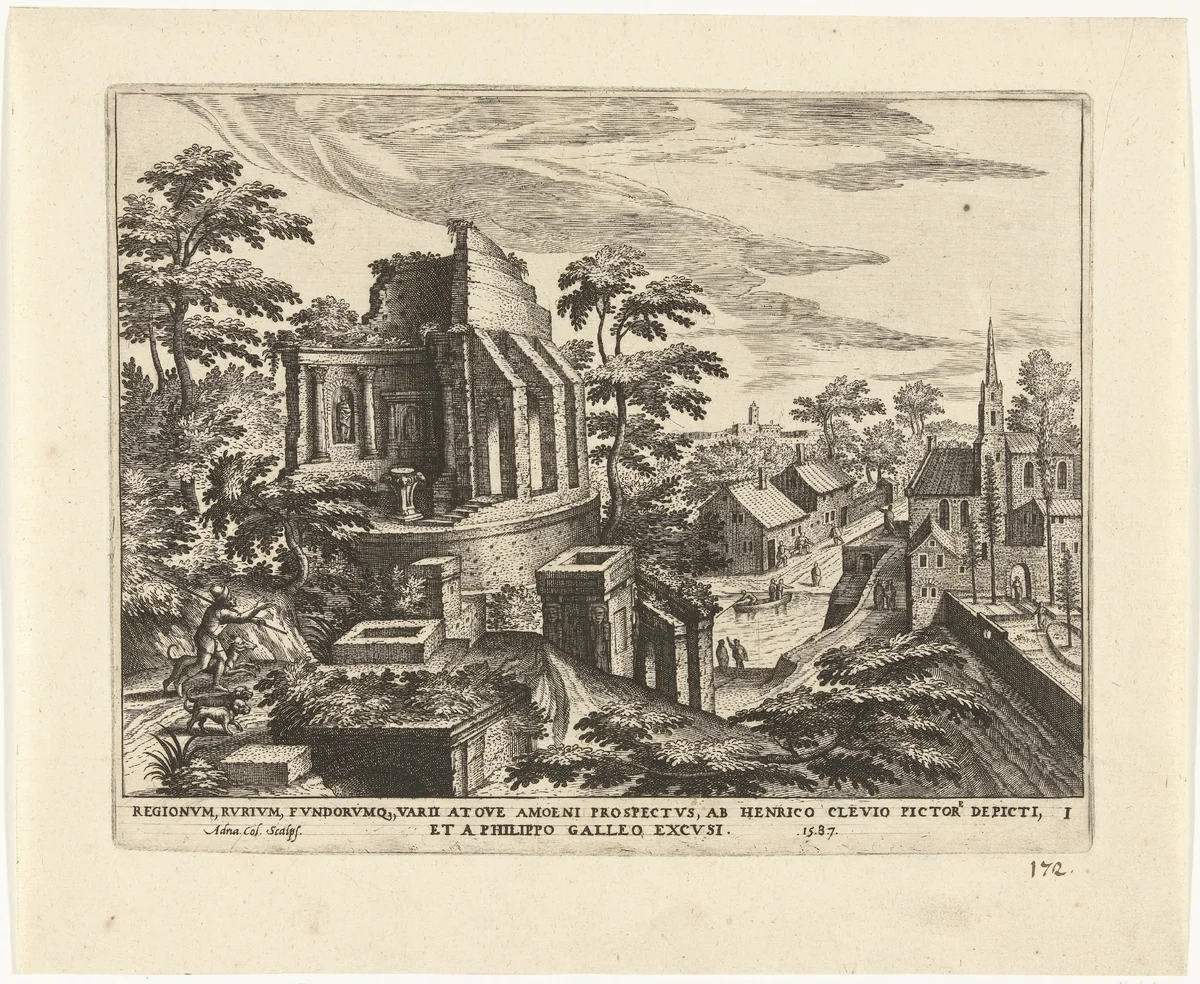 Landschap met ruïne van een tempel by Unknown, print, 1587