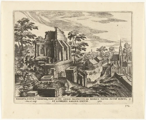 Landschap met ruïne van een tempel by Unknown, print, 1587