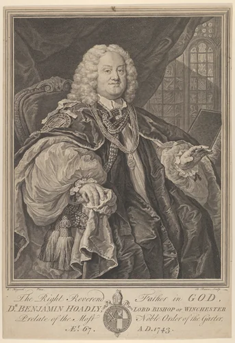 The Right Reverend Father in God, Dr. Benjamin Hoadly, Lord Bishop of Winchester, Prelate of the Most Noble Order of the Garter, Aet. 67. A.D. 1743 by Bernard Baron, print, 1743