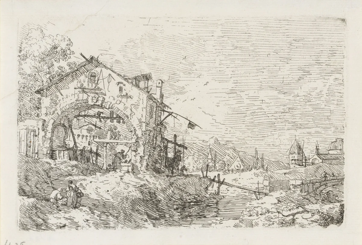Landschap met vrouw bij put by Canaletto, print, 1707-1768