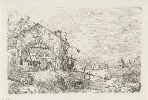 Landschap met vrouw bij put by Canaletto, print, 1707-1768