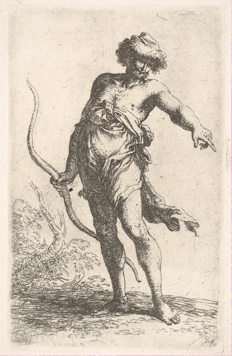 A partially dressed man holding a bow in his left hand and pointing with his right, from "Figurine" by Salvator Rosa, print, 1651-1661