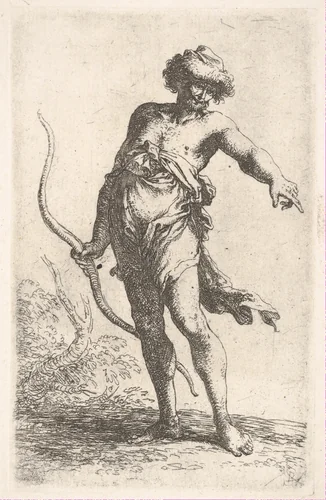 A partially dressed man holding a bow in his left hand and pointing with his right, from "Figurine" by Salvator Rosa, print, 1651-1661