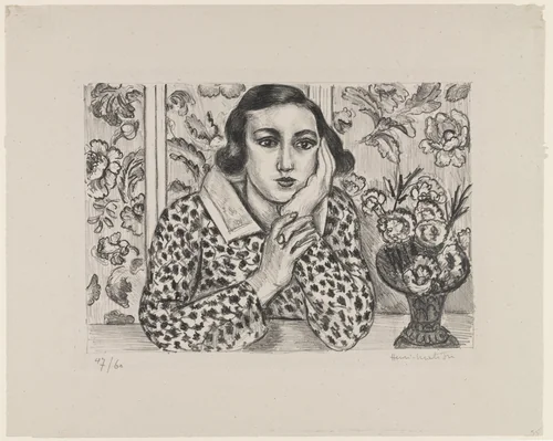 Young Girl Leaning by Flowered Screen (Jeune fille accoudée au paravent fleuri) by Henri Matisse, print, 1923