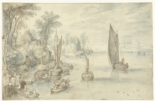 Stad aan een brede rivier by anonymous, drawing, 1680-1720