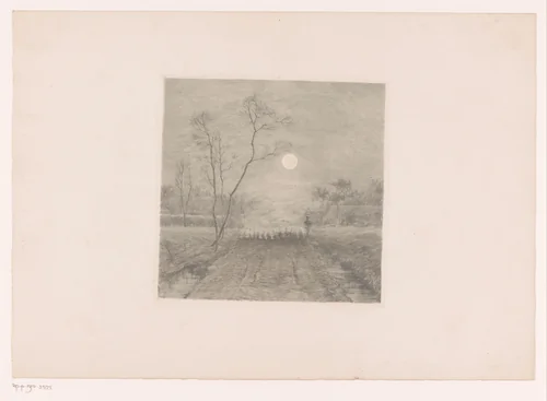 Kudde schapen en hun herder onder maanlicht by Jules Guiette, print, 1862-1901