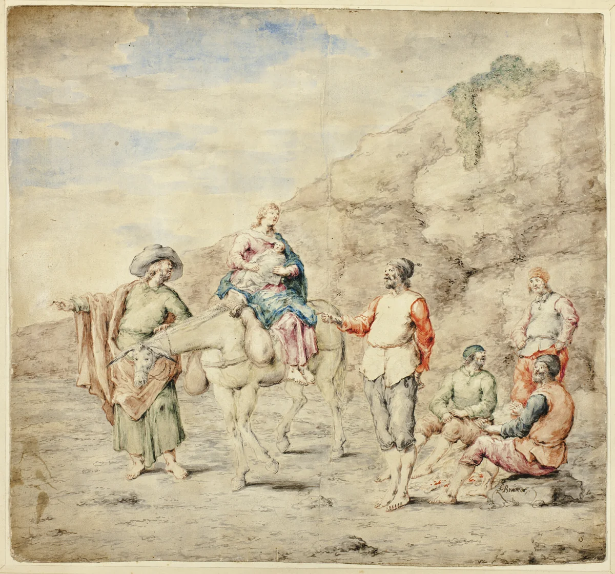 Holy Family Passing Four Men by Leonard Bramer, drawing, 1660-1669