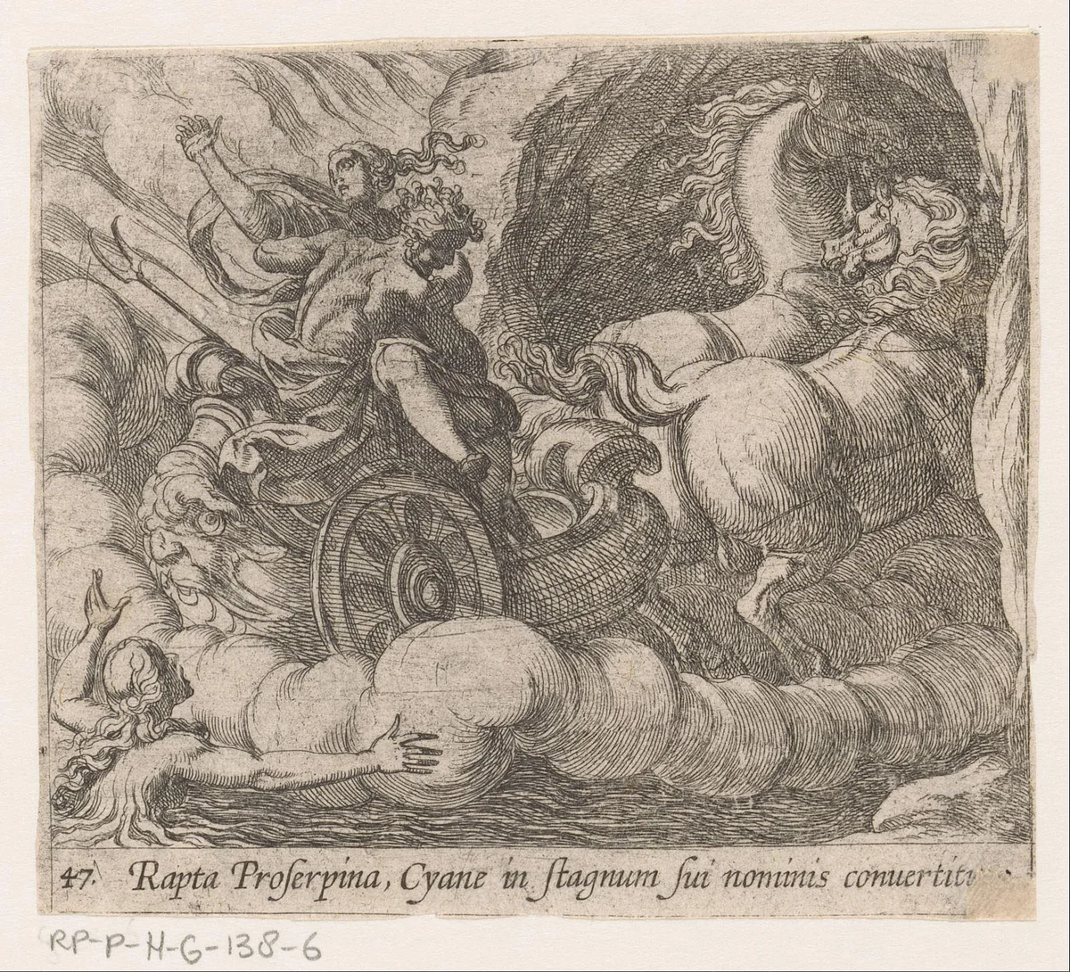 Pluto voert Proserpina langs de nimf Cyane by Antonio Tempesta, print, 1606-1638