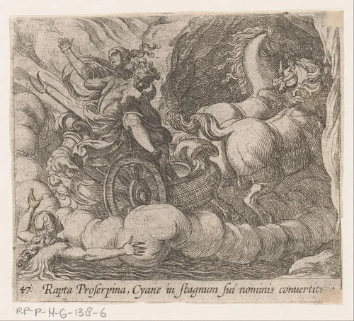 Pluto voert Proserpina langs de nimf Cyane by Antonio Tempesta, print, 1606-1638