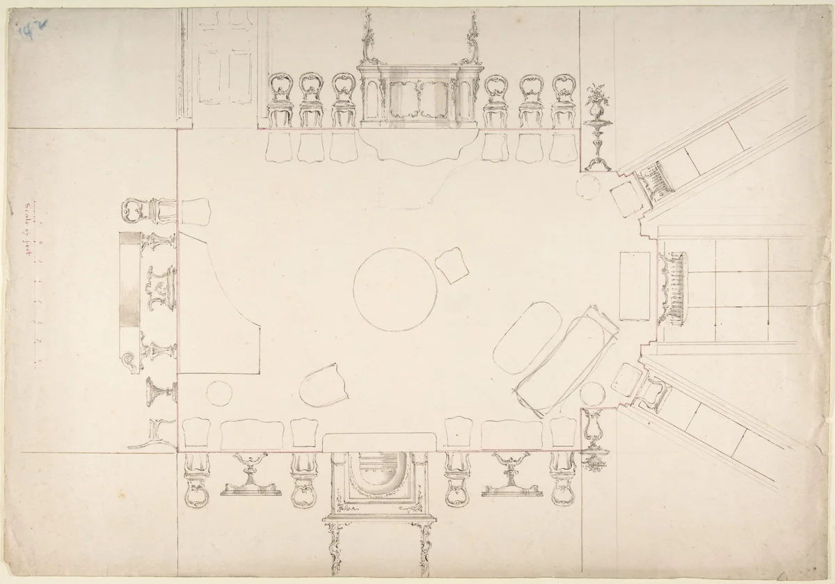 Plan and Elevations of a Music Room by anonymous, drawing, 1800-1850