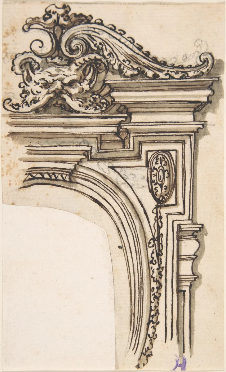 Fragment of Frame Design (recto); Sketch of a Man's Head in Profile (verso) by anonymous, drawing, 1600-1799