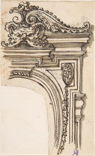 Fragment of Frame Design (recto); Sketch of a Man's Head in Profile (verso) by anonymous, drawing, 1600-1799