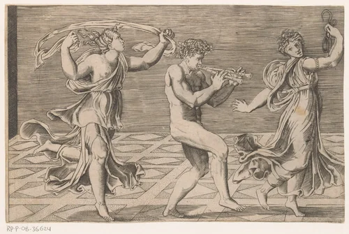 Dansende sater en maenaden by anonymous, print, 1516