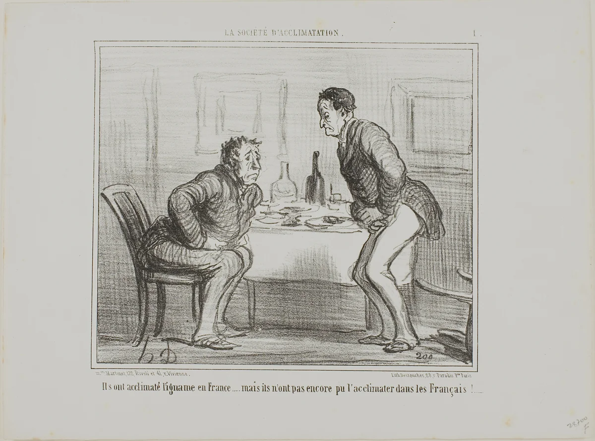 They succeeded in acclimatizing the Indian potato to the French climate, but it is still a problem to acclimatize the French to the Indian potoato!, plate 1 from La Société D'acclimatation by Honoré-Victorin Daumier, print, 1858