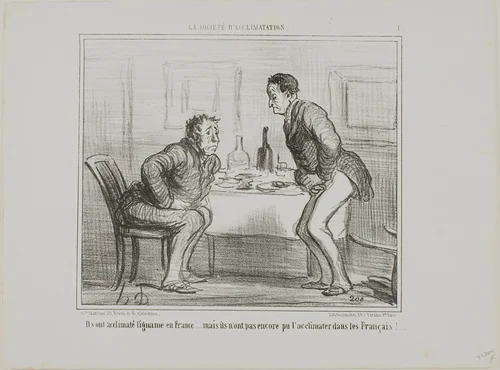 They succeeded in acclimatizing the Indian potato to the French climate, but it is still a problem to acclimatize the French to the Indian potoato!, plate 1 from La Société D'acclimatation by Honoré-Victorin Daumier, print, 1858