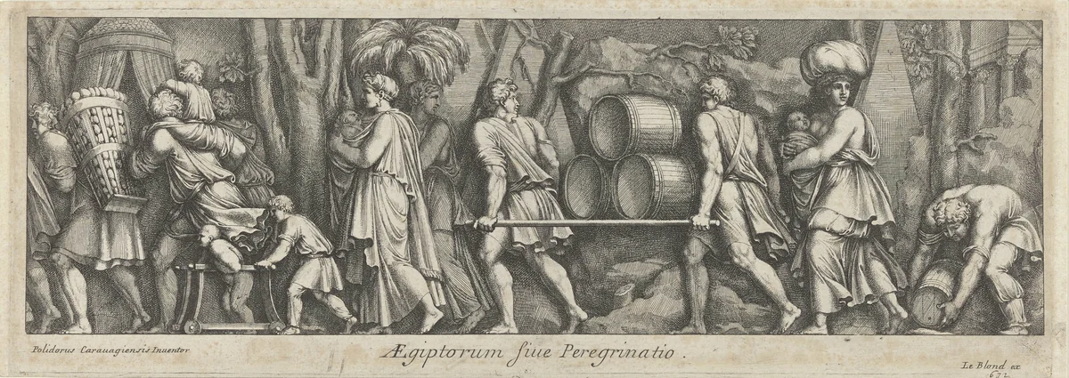 Processie van mannen, vrouwen en kinderen by anonymous, print, 1645-1700