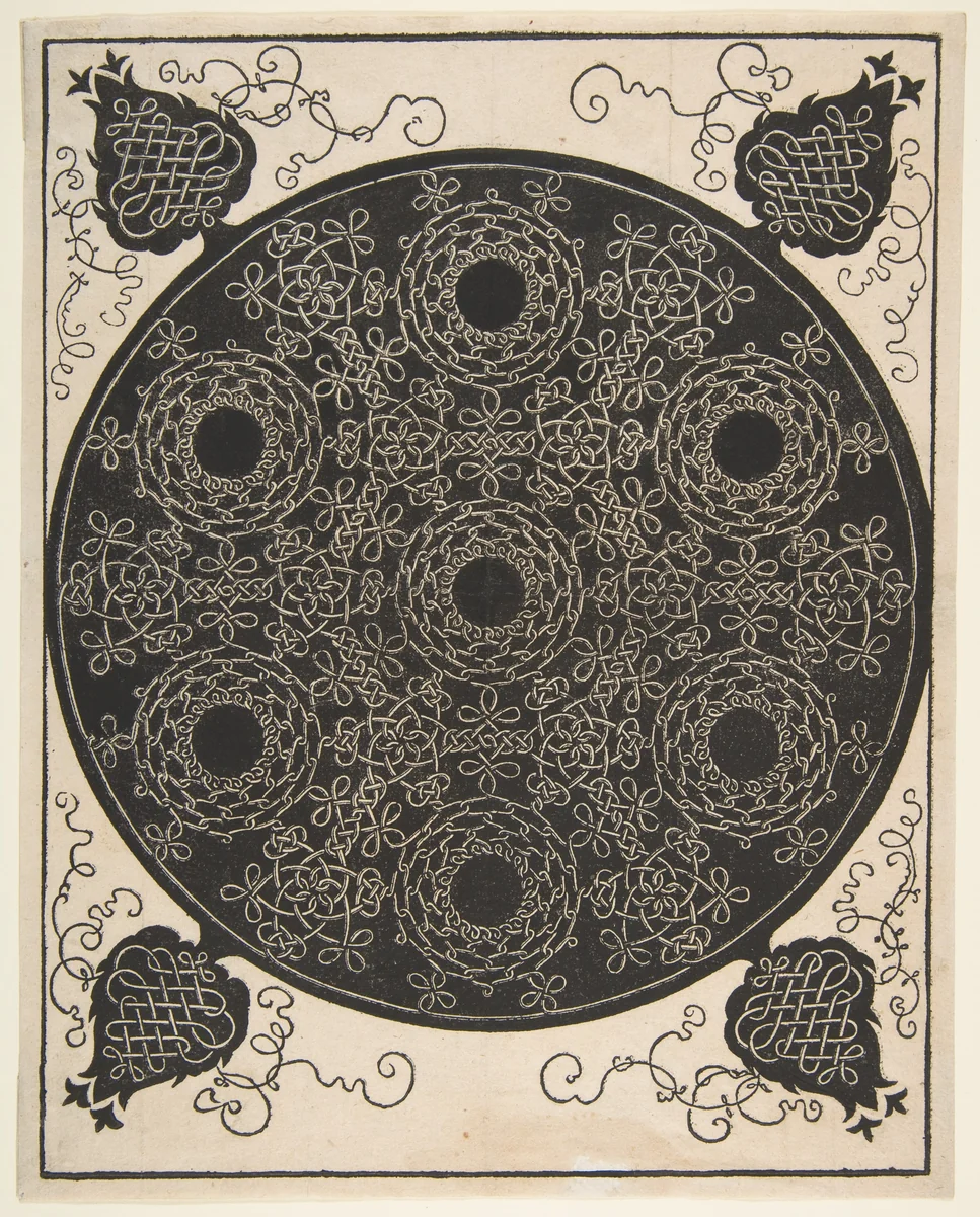 “The Sixth Knot”. Interlaced Roundel with Seven Wreaths by Albrecht Dürer, print, 1500-1521