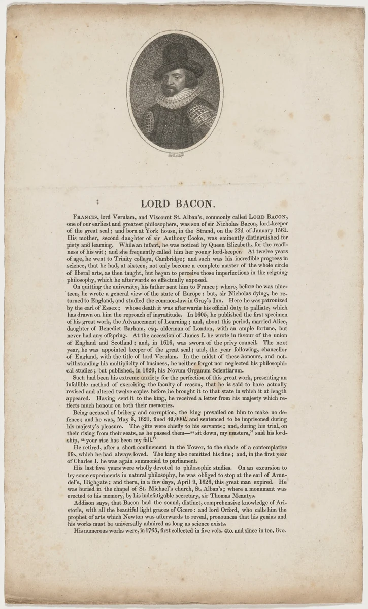 Lord Bacon by William Holl, print, 1771-1838