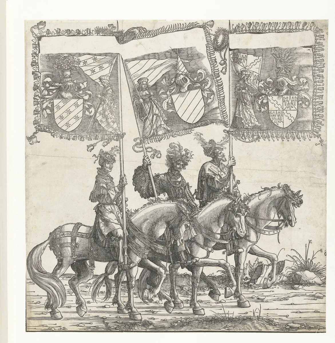 Drie mannen te paard dragen de Oostenrijkse vaandels van Ortenburg, Echingen en Achalm by Hans Burgkmair, print, 1483-1526