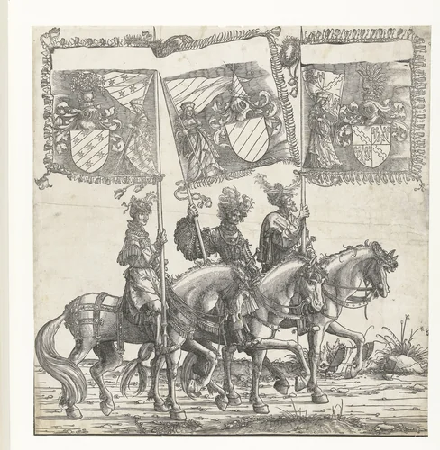 Drie mannen te paard dragen de Oostenrijkse vaandels van Ortenburg, Echingen en Achalm by Hans Burgkmair, print, 1483-1526