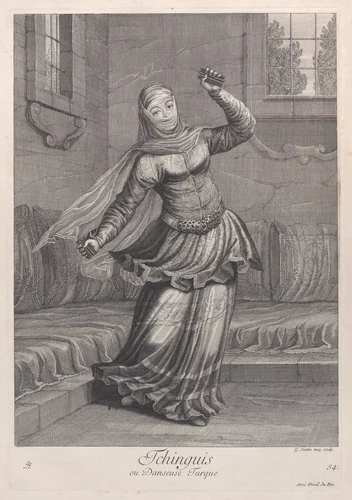 Tchinguis, ou Danseuse Turque, plate 54 from "Recueil de cent estampes représentent differentes nations du Levant" by Jean Baptiste Vanmour, print, 1714-1715